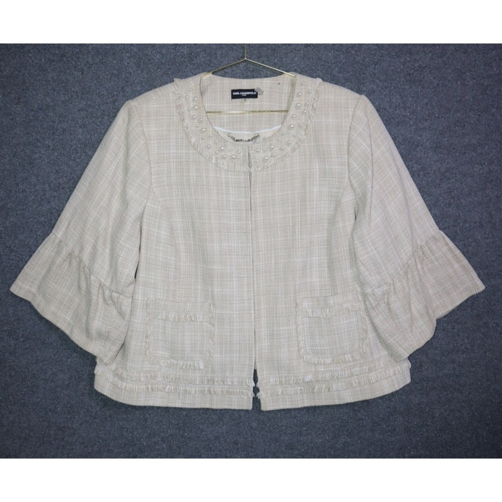 Karl Lagerfeld Blazer Women 22 Beige‎ Paris Faux Pearl Fringe Waist Length NWT